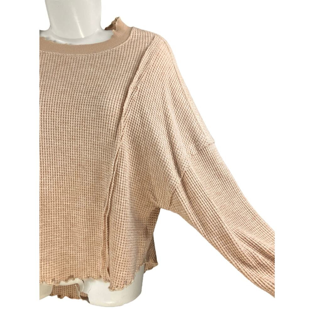Umgee Women's Light Beige Waffle Knit Long Sleeve Ruffle Neck Pullover Sweater S - Picture 5 of 7